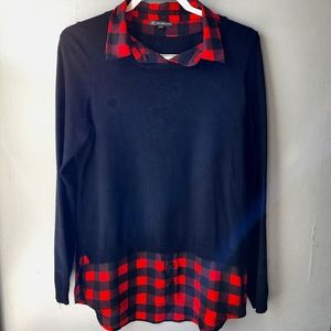 Adrianna Papell Red and Black Sweater Plaid Shirt